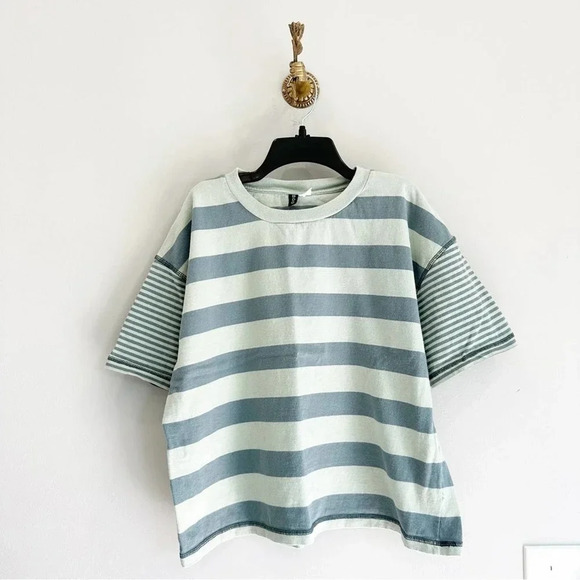 BDG Urban Outfitters Boxy Kidcore Cropped Teal Striped T-Shirt Tee Size Small - Picture 2 of 4